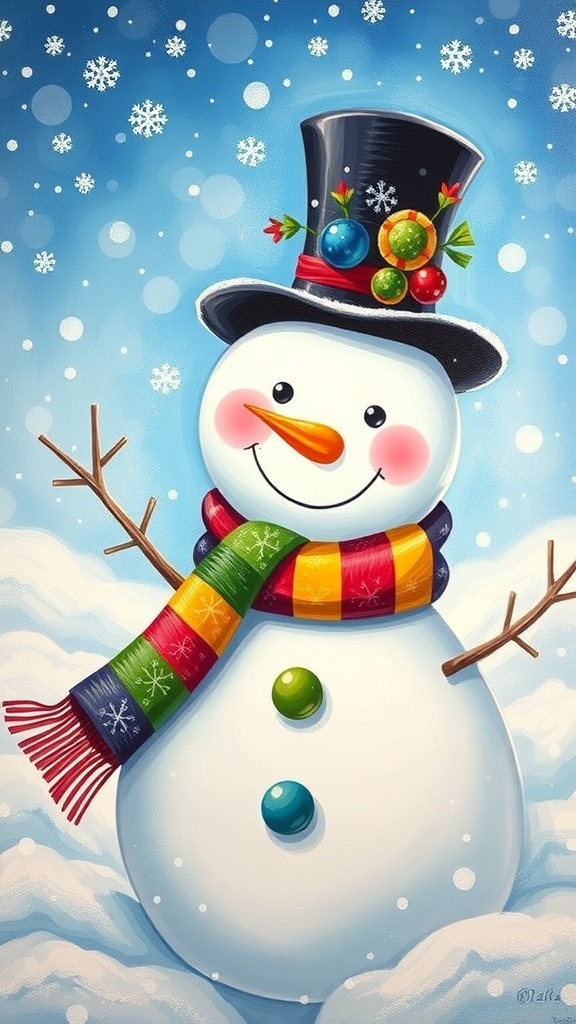 Festive Snowman Painting Ideas for Christmas A colorful snowman painting with a scarf and top hat in a snowy landscape.